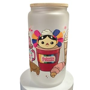 New Cafecito y Chisme handmade UVDTF‎ - Frosted Glass Cup with Bamboo Lid